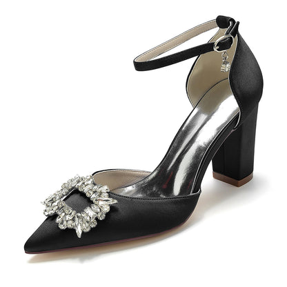 Women's Silk Satin Ankle Strap With Rhinestone Closed Toe Chunky Heel Wedding Shoes