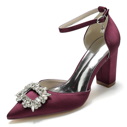 Women's Silk Satin Ankle Strap With Rhinestone Closed Toe Chunky Heel Wedding Shoes