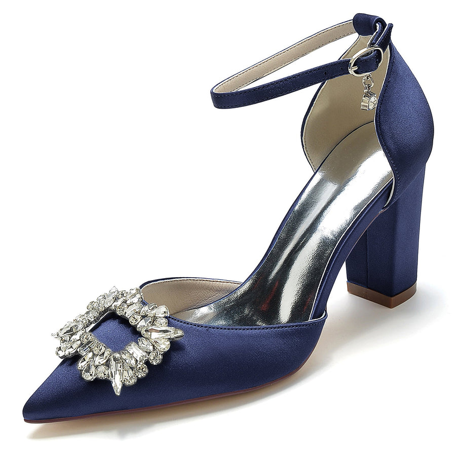 Women's Silk Satin Ankle Strap With Rhinestone Closed Toe Chunky Heel Wedding Shoes