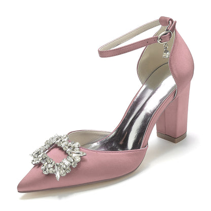 Women's Silk Satin Ankle Strap With Rhinestone Closed Toe Chunky Heel Wedding Shoes