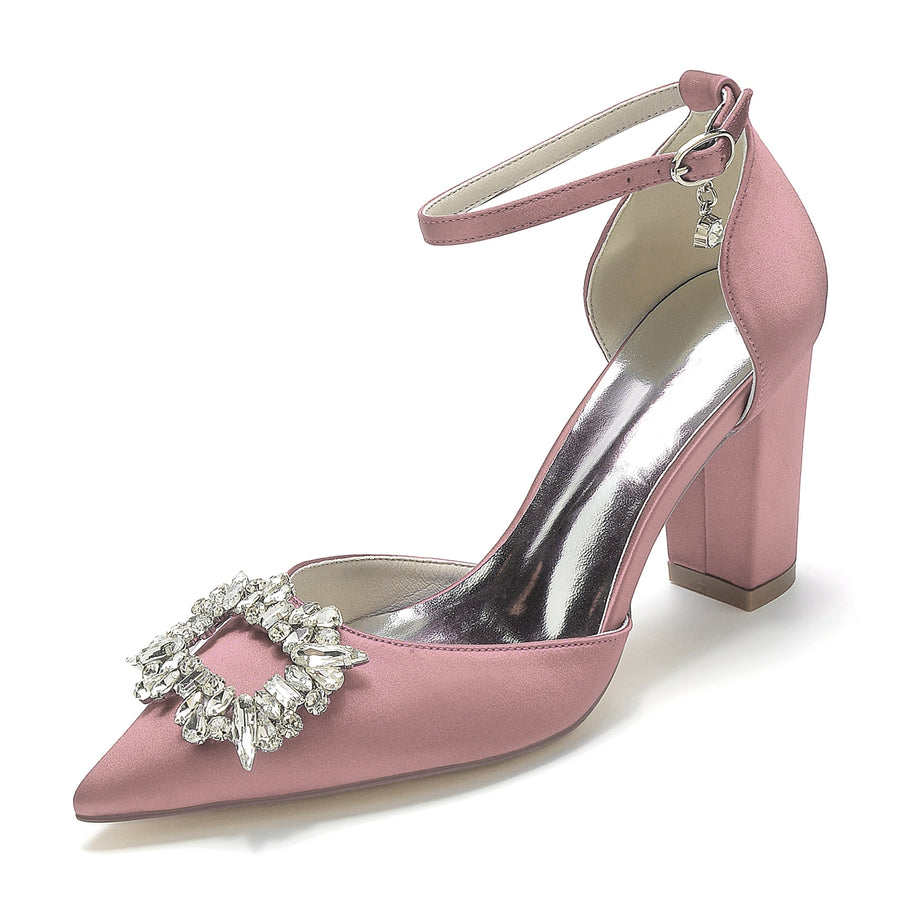 Women's Silk Satin Ankle Strap With Rhinestone Closed Toe Chunky Heel Wedding Shoes