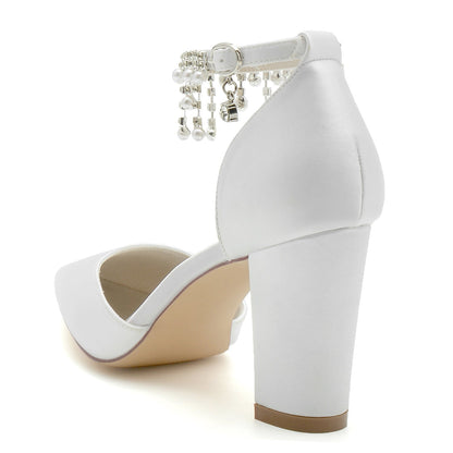 Women's Silk Satin With Ankle Strap Pearl Rhinestone Tassel Closed Toe Chunky Heel Wedding Shoes