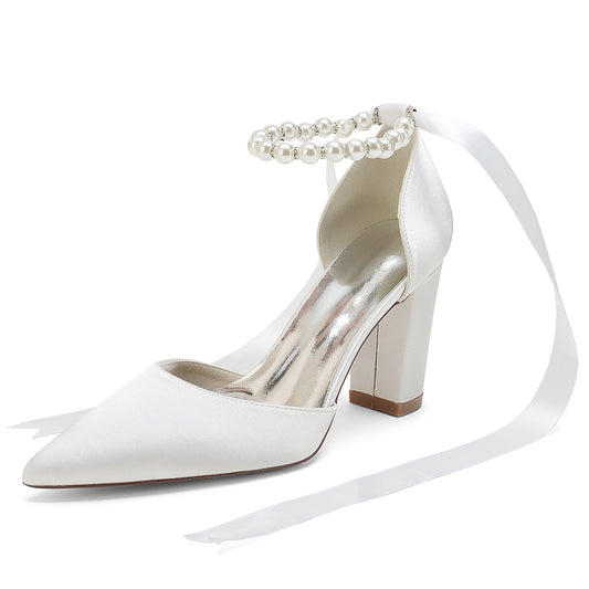 Women's Silk Satin With Lace-up Ankle Strap Pearl Closed Toe Chunky Heel Wedding Shoes