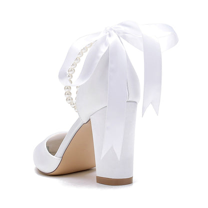 Women's Silk Satin With Ankle Strap Lace-up Pearl Closed Toe Chunky Heel Wedding Shoes