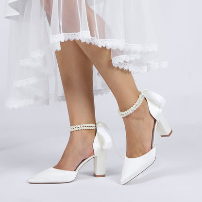 Women's Silk Satin With Ankle Strap Lace-up Pearl Closed Toe Chunky Heel Wedding Shoes