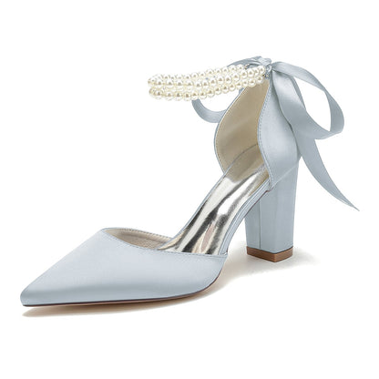 Women's Silk Satin With Ankle Strap Lace-up Pearl Closed Toe Chunky Heel Wedding Shoes