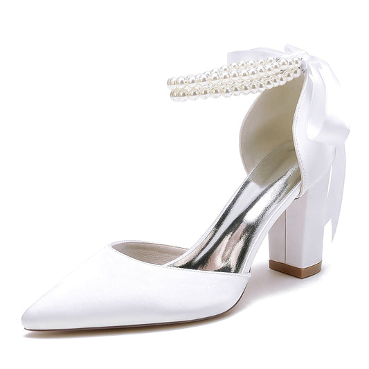 Women's Silk Satin With Ankle Strap Lace-up Pearl Closed Toe Chunky Heel Wedding Shoes