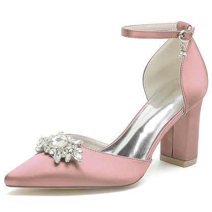 Women's Silk Satin With Ankle Strap Chunky Heel Rhinestone Closed Toe Evening Shoes