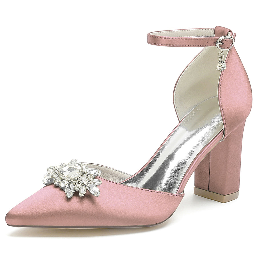 Women's Silk Satin With Ankle Strap Chunky Heel Rhinestone Closed Toe Evening Shoes