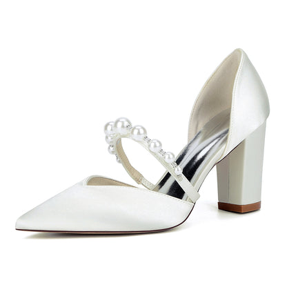 Women's Silk Satin Closed Toe With Pearl Chunky Heel Wedding Shoes