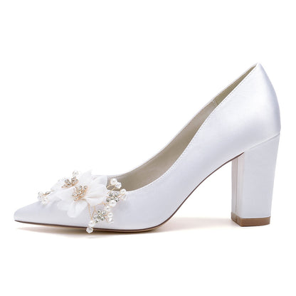 Women's Chunky Heel Silk Satin With Flower Closed Toe Wedding Shoes