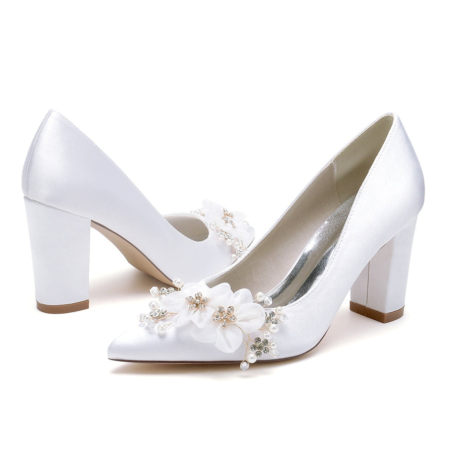 Women's Chunky Heel Silk Satin With Flower Closed Toe Wedding Shoes