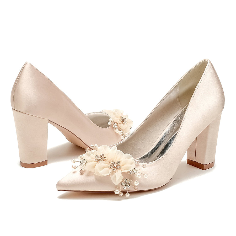 Women's Chunky Heel Silk Satin With Flower Closed Toe Wedding Shoes