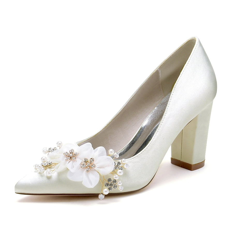 Women's Chunky Heel Silk Satin With Flower Closed Toe Wedding Shoes