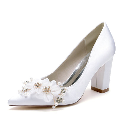 Women's Chunky Heel Silk Satin With Flower Closed Toe Wedding Shoes