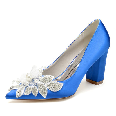 Women's Silk Satin With Flower Rhinestone Closed Toe Chunky Heel Evening Shoes