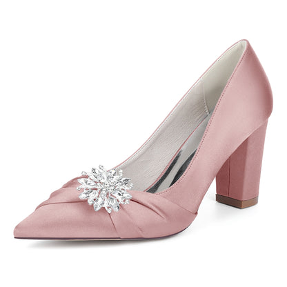 Women's Silk Satin Closed Toe With Rhinestone Chunky Heel Wedding Shoes