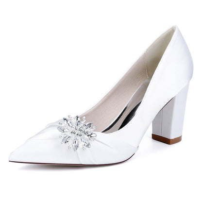 Women's Silk Satin Closed Toe With Rhinestone Chunky Heel Wedding Shoes