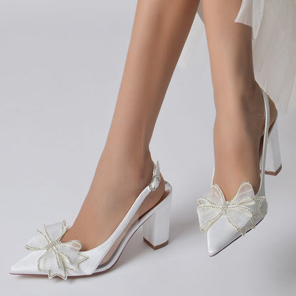 Women's Silk Satin With Bowknot Closed Toe Chunky Heel Wedding Shoes