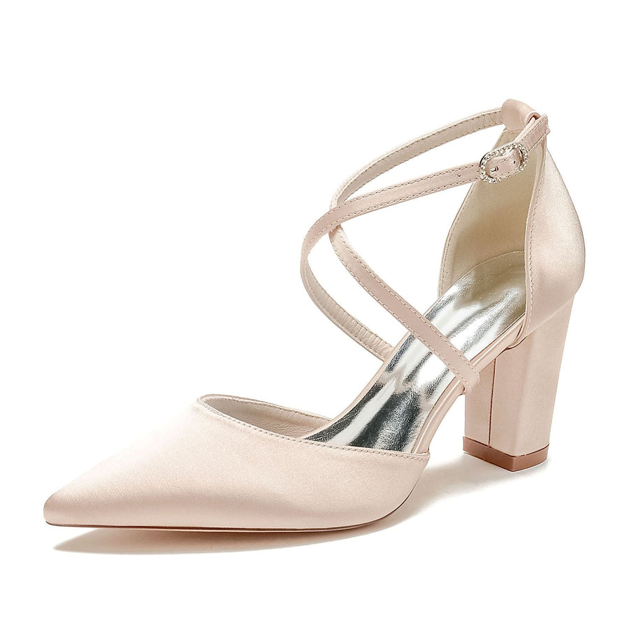 Women's Silk Satin With Ankle Strap Closed Toe Chunky Heel Wedding Shoes