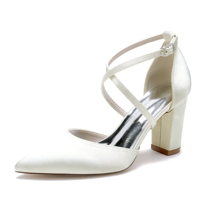 Women's Silk Satin With Ankle Strap Closed Toe Chunky Heel Wedding Shoes