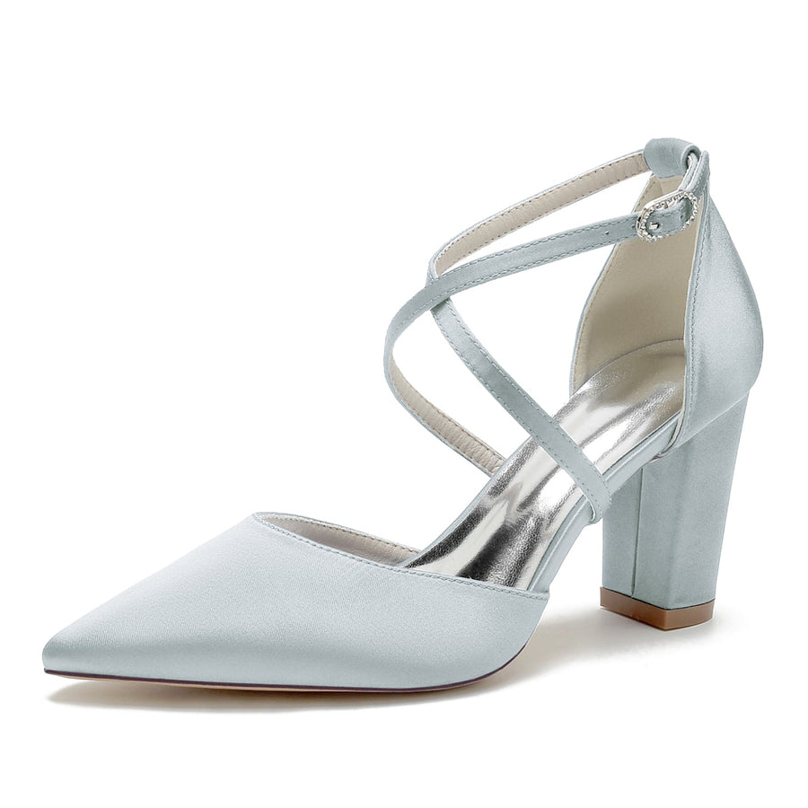 Women's Silk Satin With Ankle Strap Closed Toe Chunky Heel Wedding Shoes