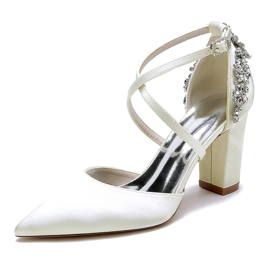 Women's Silk Satin Closed Toe With Ankle Strap Rhinestone Chunky Heel Evening Shoes