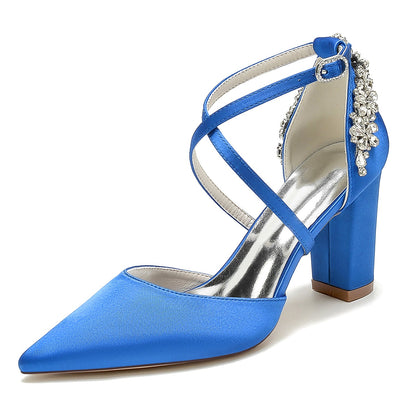 Women's Silk Satin Closed Toe With Ankle Strap Rhinestone Chunky Heel Evening Shoes