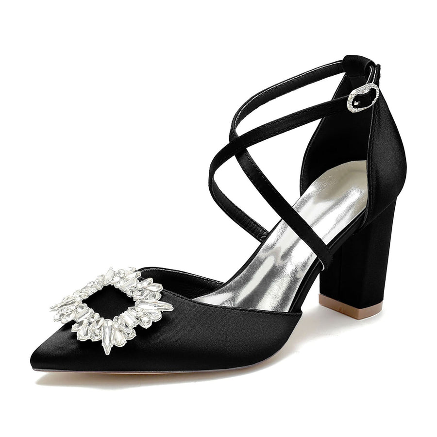 Women's Silk Satin With Ankle Strap Rhinestone Closed Toe Chunky Heel Wedding Shoes