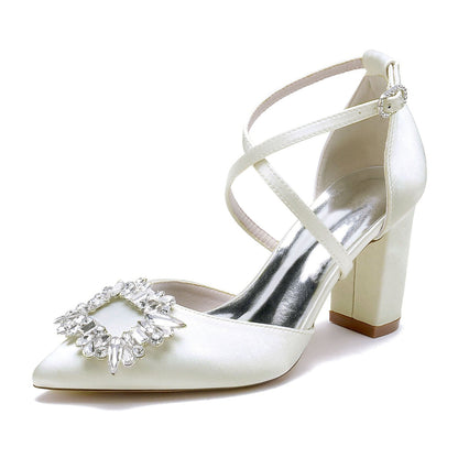 Women's Silk Satin With Ankle Strap Rhinestone Closed Toe Chunky Heel Wedding Shoes