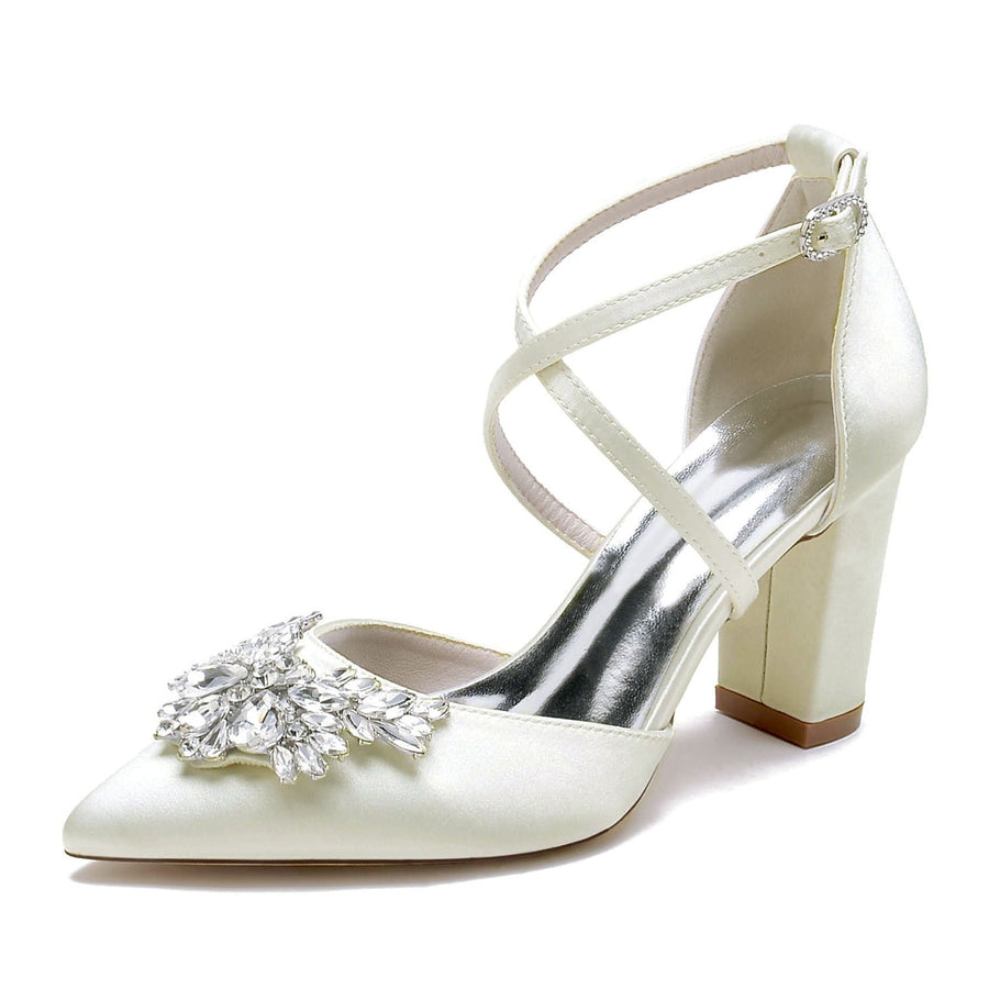 Women's Silk Satin With Ankle Strap Rhinestone Closed Toe Chunky Heel Party Shoes