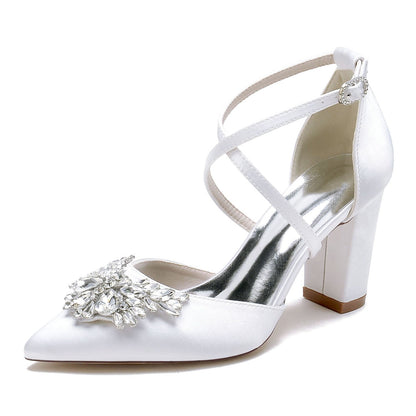 Women's Silk Satin With Ankle Strap Rhinestone Closed Toe Chunky Heel Party Shoes