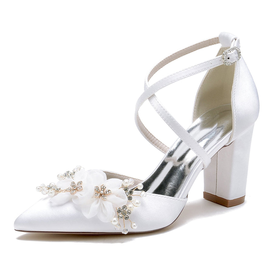 Women's Silk Satin With Ankle Strap Flower Closed Toe Chunky Heel Wedding Shoes