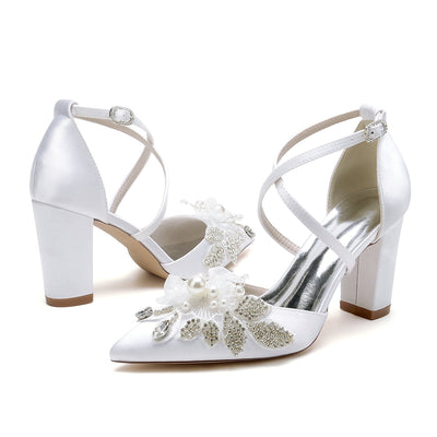 Women's Silk Satin With Ankle Strap Flower Pearl Rhinestone Closed Toe Chunky Heel Wedding Shoes