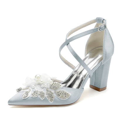 Women's Silk Satin With Ankle Strap Flower Pearl Rhinestone Closed Toe Chunky Heel Wedding Shoes