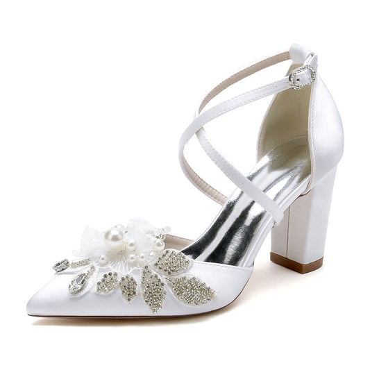 Women's Silk Satin With Ankle Strap Flower Pearl Rhinestone Closed Toe Chunky Heel Wedding Shoes