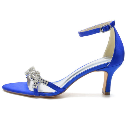 Women's Silk Satin Ankle Strap With Rhinestone Peep Toe Spool Heel Party Shoes