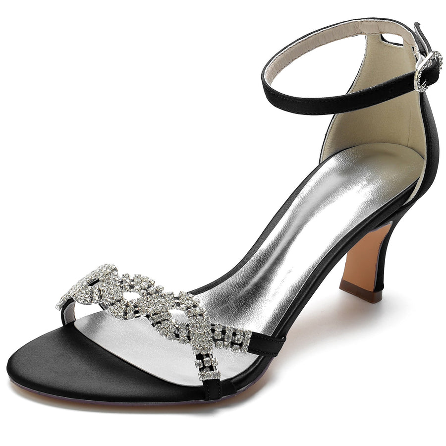 Women's Silk Satin Ankle Strap With Rhinestone Peep Toe Spool Heel Party Shoes