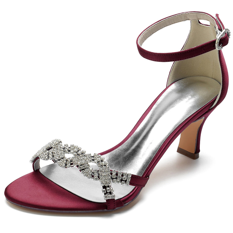 Women's Silk Satin Ankle Strap With Rhinestone Peep Toe Spool Heel Party Shoes