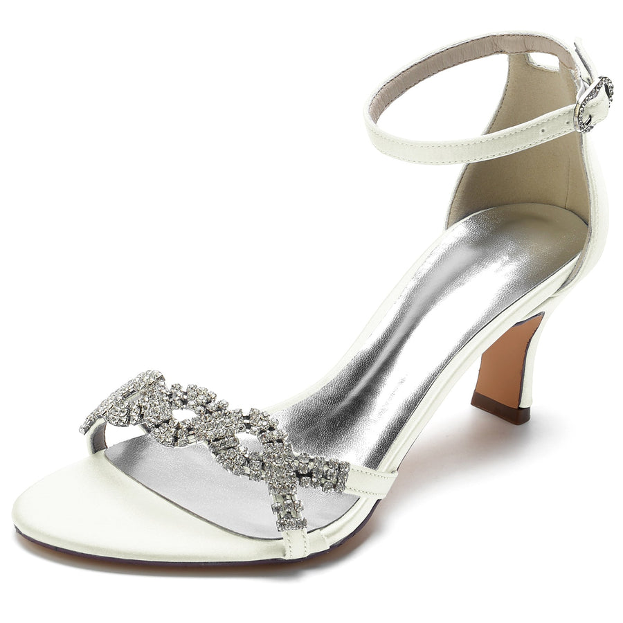 Women's Silk Satin Ankle Strap With Rhinestone Peep Toe Spool Heel Party Shoes