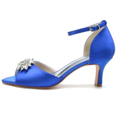 Women's Silk Satin With Ankle Strap Peep Toe Rhinestone Spool Heel Evening Shoes