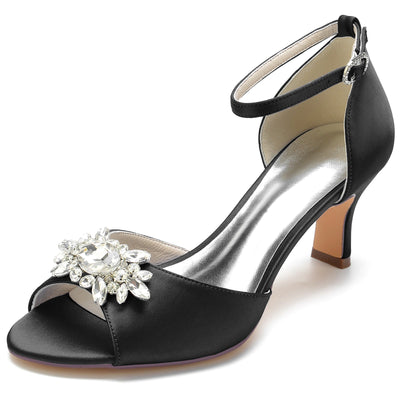 Women's Silk Satin With Ankle Strap Peep Toe Rhinestone Spool Heel Evening Shoes