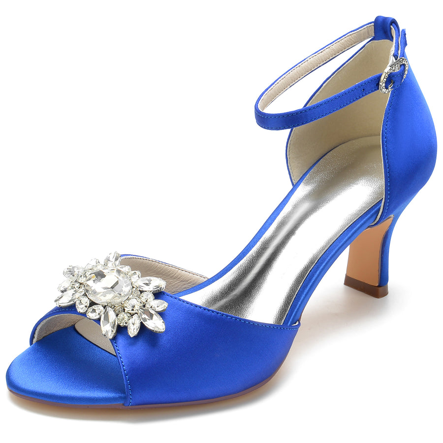 Women's Silk Satin With Ankle Strap Peep Toe Rhinestone Spool Heel Evening Shoes