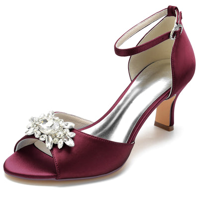 Women's Silk Satin With Ankle Strap Peep Toe Rhinestone Spool Heel Evening Shoes