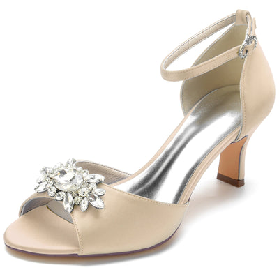 Women's Silk Satin With Ankle Strap Peep Toe Rhinestone Spool Heel Evening Shoes