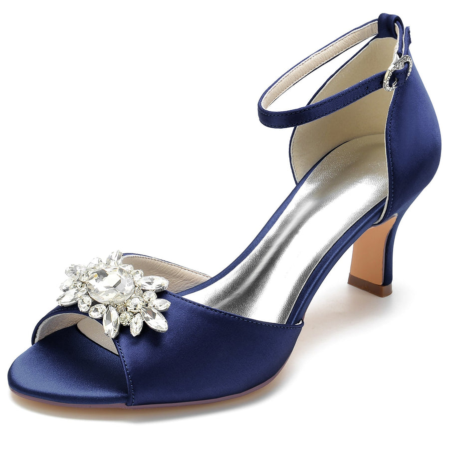 Women's Silk Satin With Ankle Strap Peep Toe Rhinestone Spool Heel Evening Shoes