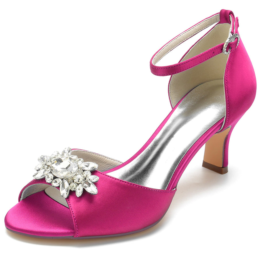 Women's Silk Satin With Ankle Strap Peep Toe Rhinestone Spool Heel Evening Shoes