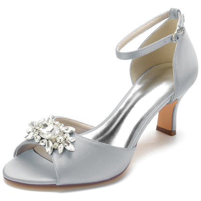 Women's Silk Satin With Ankle Strap Peep Toe Rhinestone Spool Heel Evening Shoes