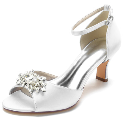 Women's Silk Satin With Ankle Strap Peep Toe Rhinestone Spool Heel Evening Shoes