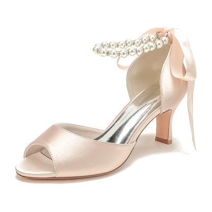 Women's Silk Satin With Lace-up Ankle Strap Pearl Peep Toe Spool Heel Party Shoes